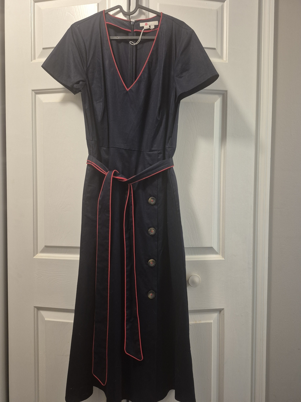 Boden Navy Midi Dress with Red Contrast Trim and Tie
